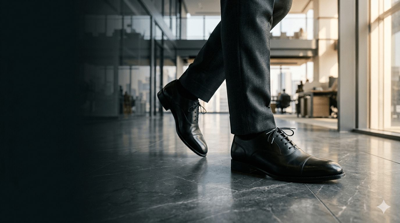 Black leather office oxford in a modern workplace