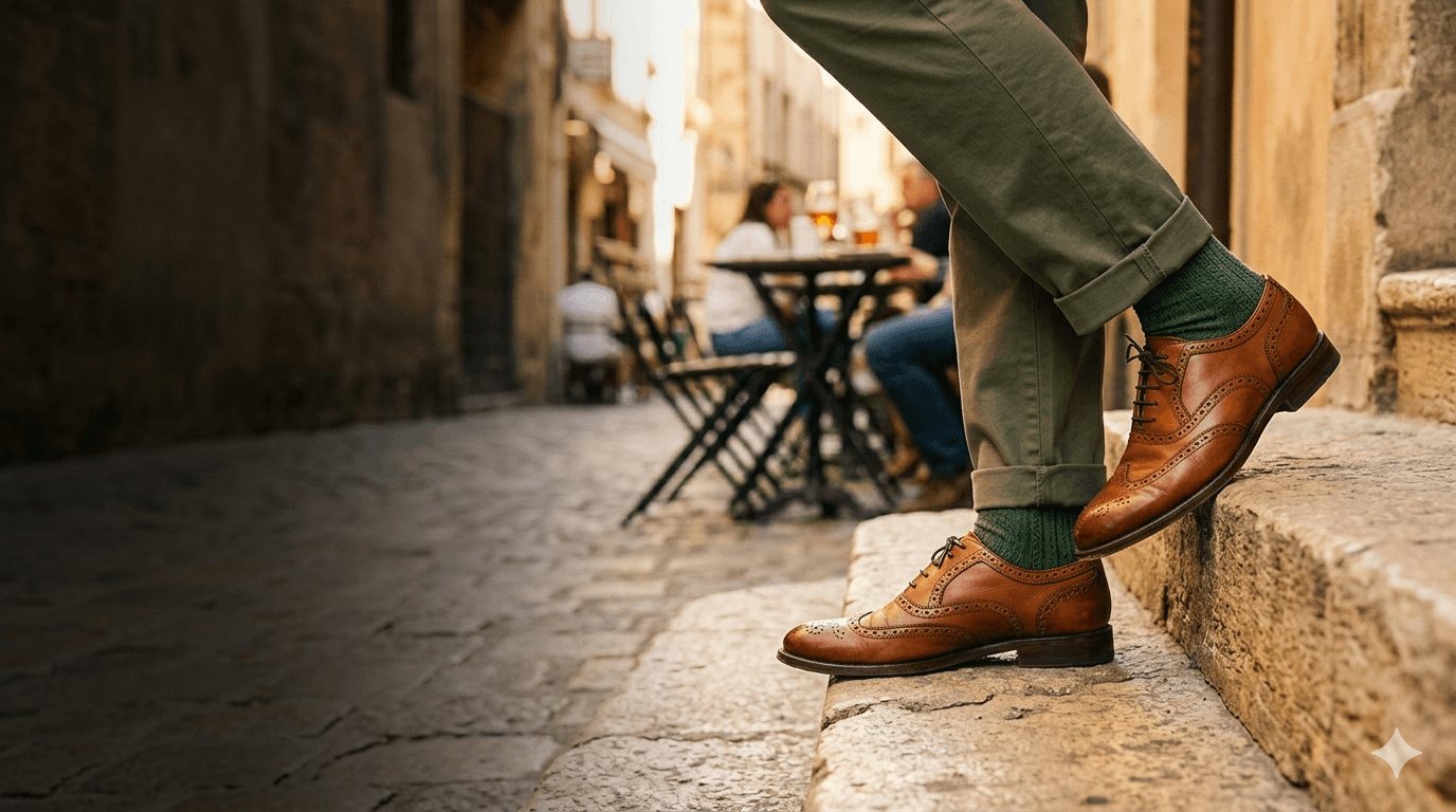Tan leather casual derby on a cobbled street
