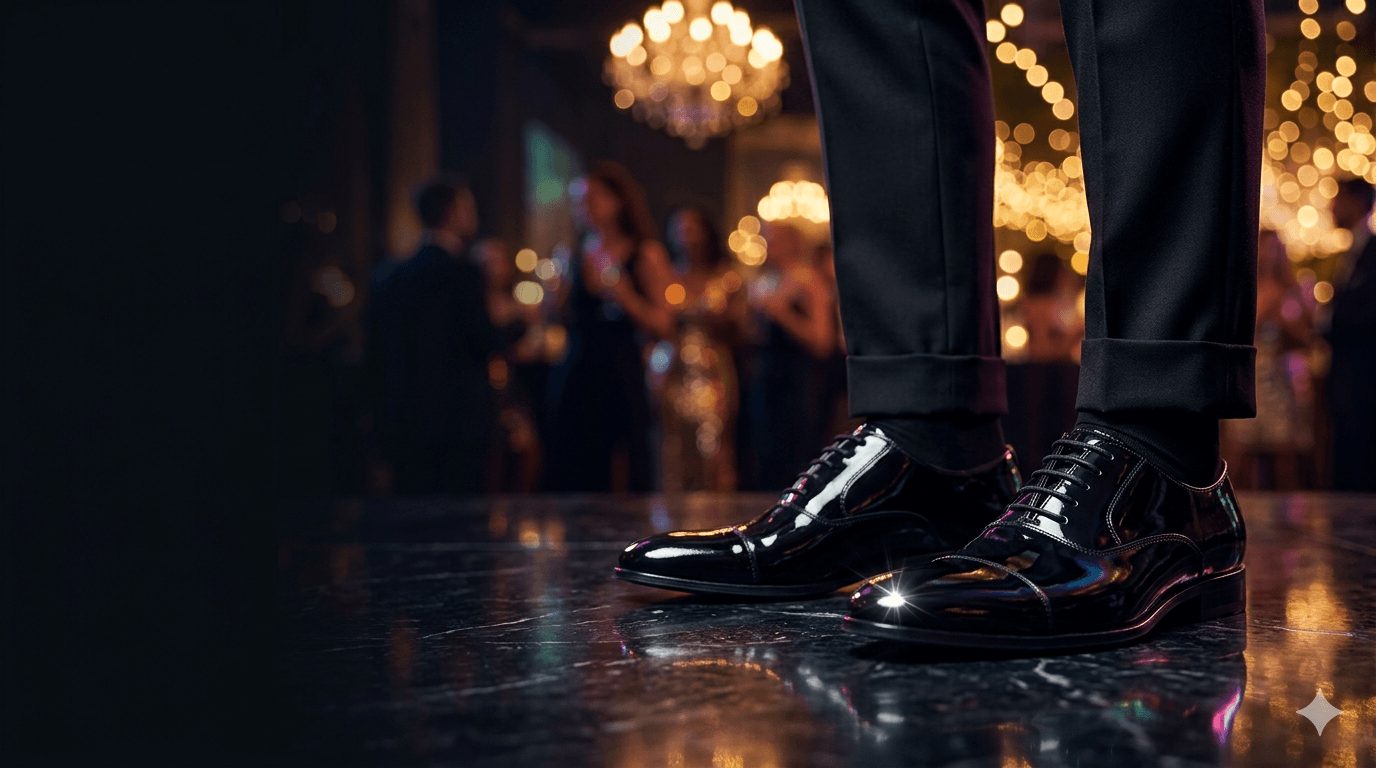 Polished black party shoes at an evening event