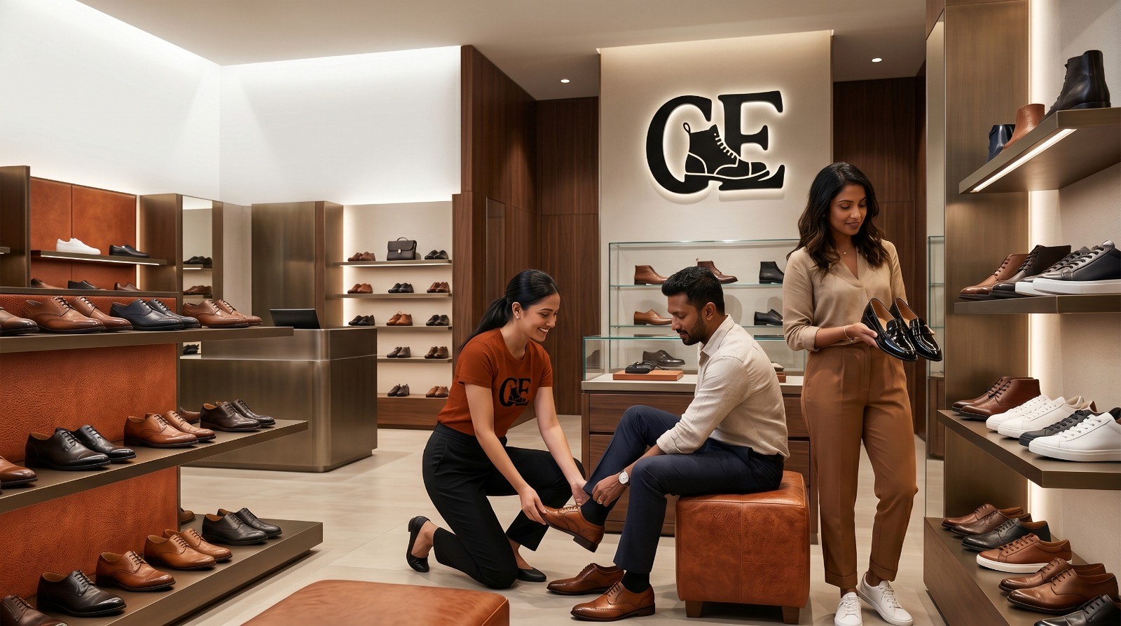 CE Craft staff member helping a seated customer try on a leather shoe
