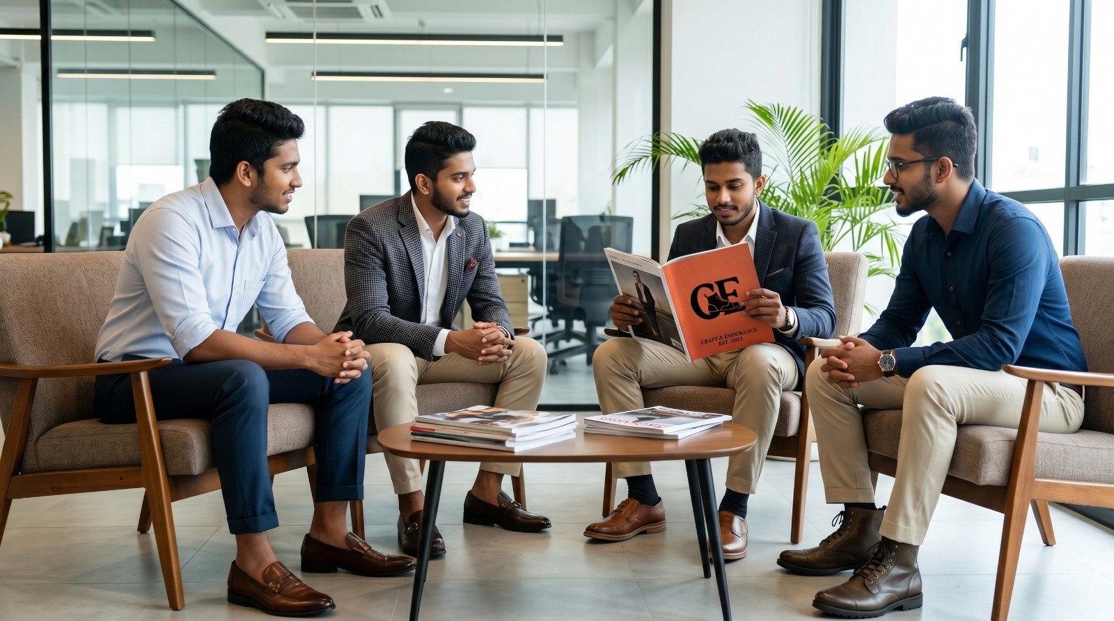 Four professionals in smart leather shoes talking in a modern office lounge